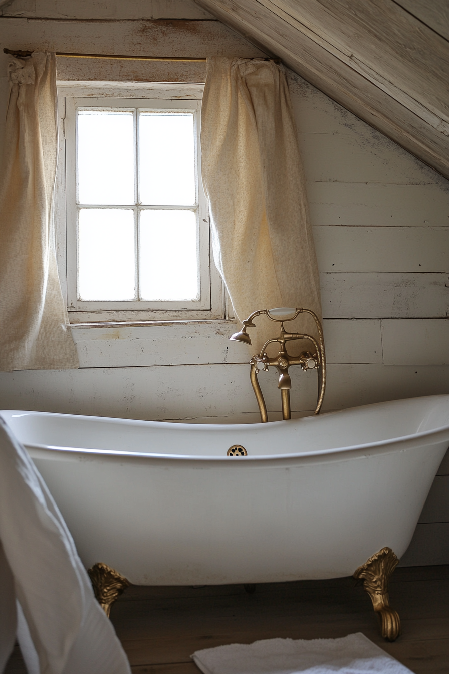 Glam-Rustic bathroom. Vintage claw-foot tub with gold fixtures.