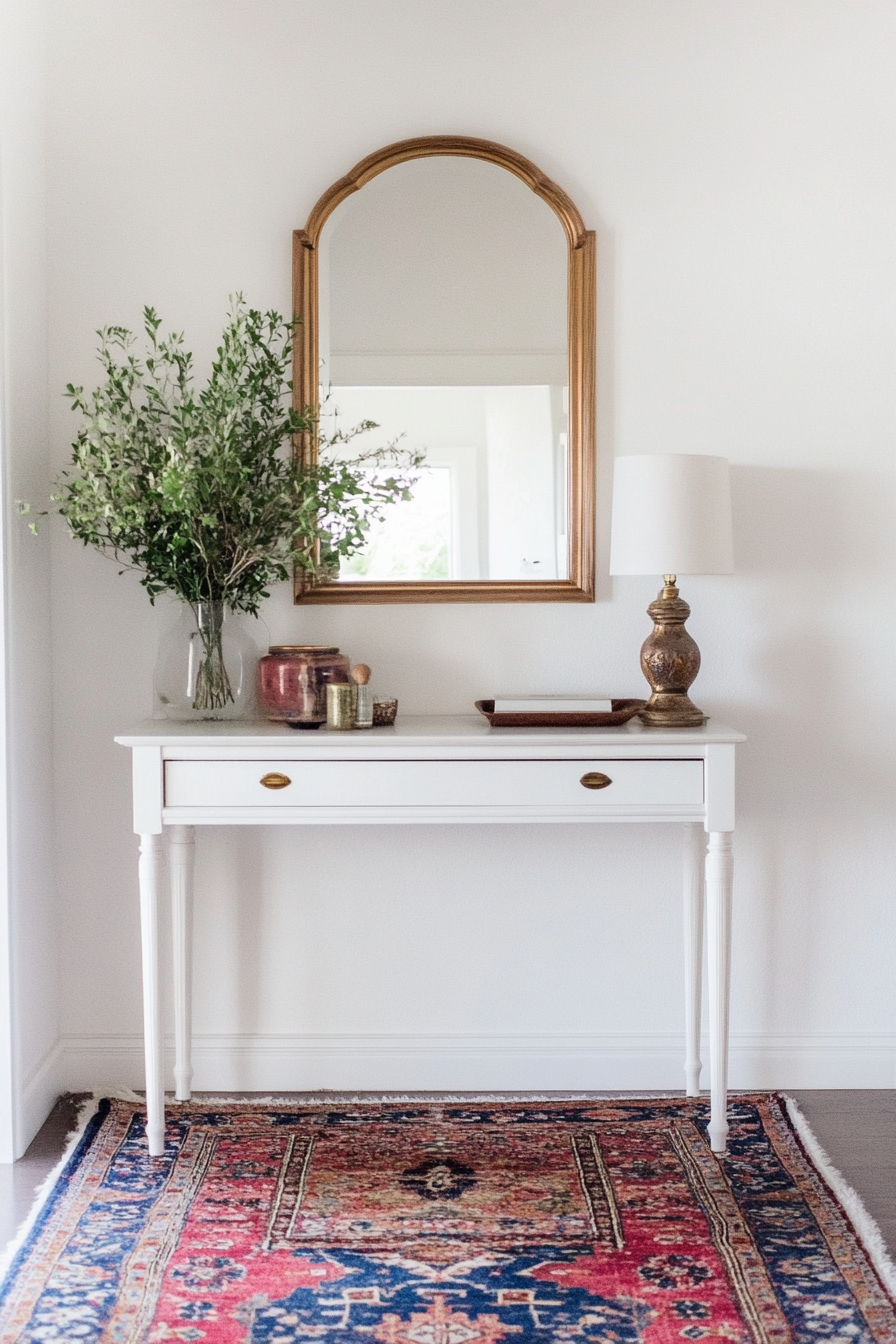 Maximalist-Minimalist Entryway. White console table with vibrant patterned rug.