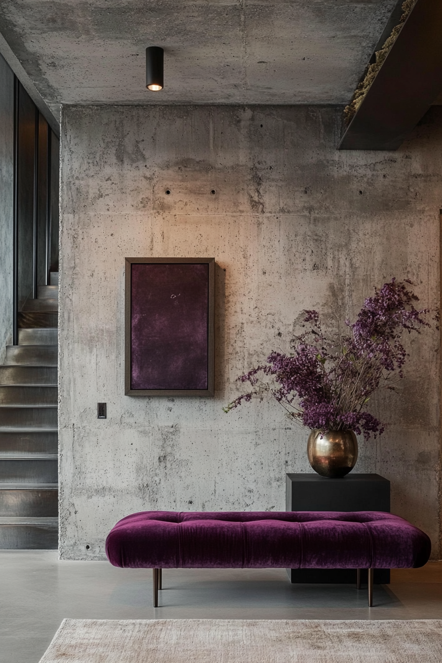 Entryway design. Exuberant velvet bench against polished concrete wall.