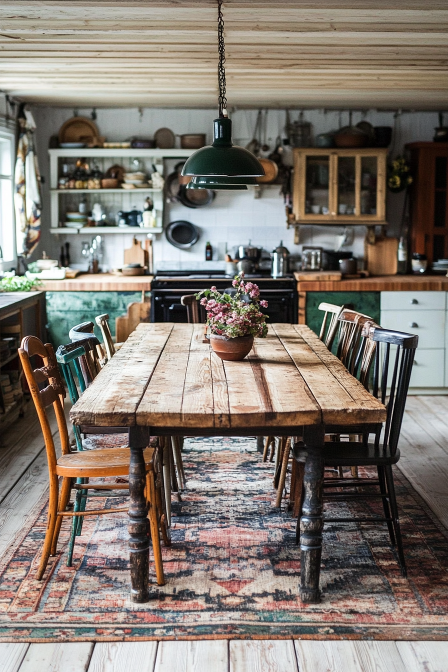 Bohemian kitchen style. Rustic wood table with mis-matched vintage chairs.