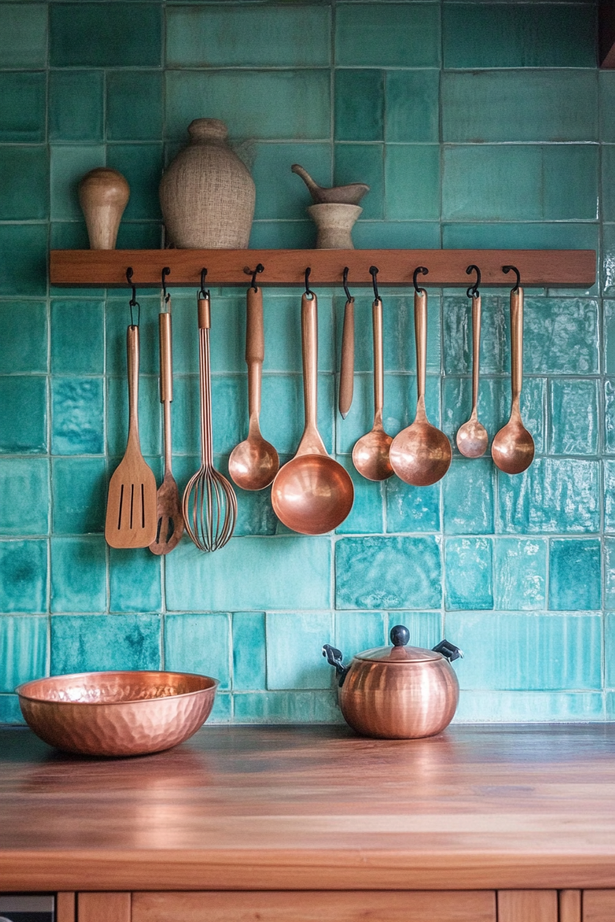 Bohemian kitchen style. Turquoise tiled backsplash with hanging copper utensils.