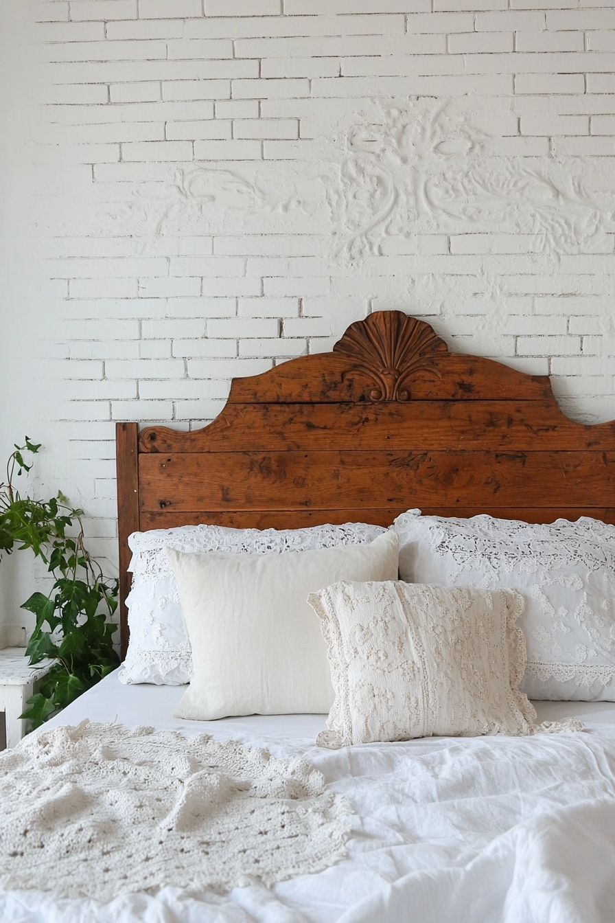 Boho bedroom makeover. Distressed wooden headboard against a white brick wall.