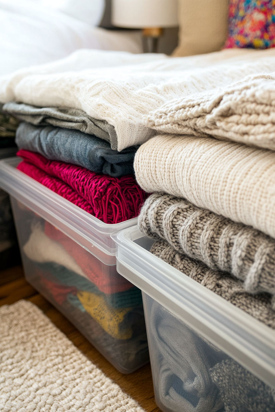Under-bed storage hack. Clear plastic bins for seasonal clothes.