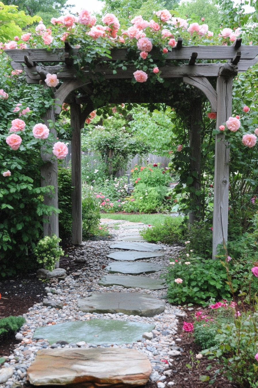 Backyard garden retreat. Rock pathway leading to a teak pergola covered in climbing roses.