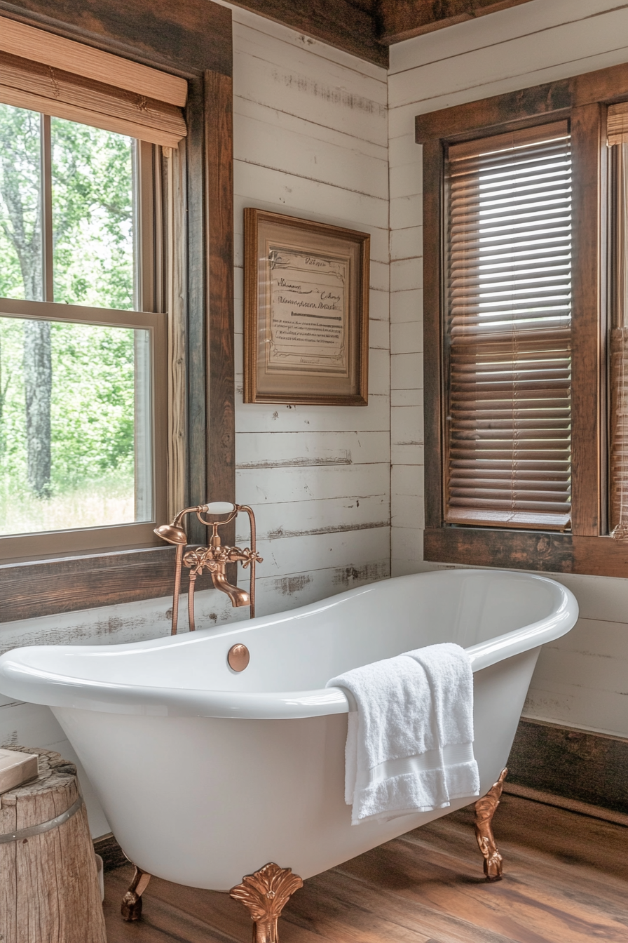 Glam-Rustic Bathroom. Vintage claw-foot tub with copper fixtures.