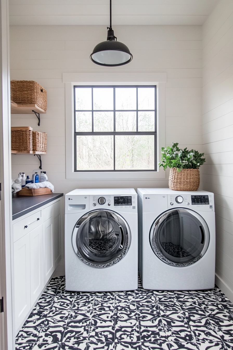 Vintage-Modern Laundry Room. flooring: black & white patterned tile.