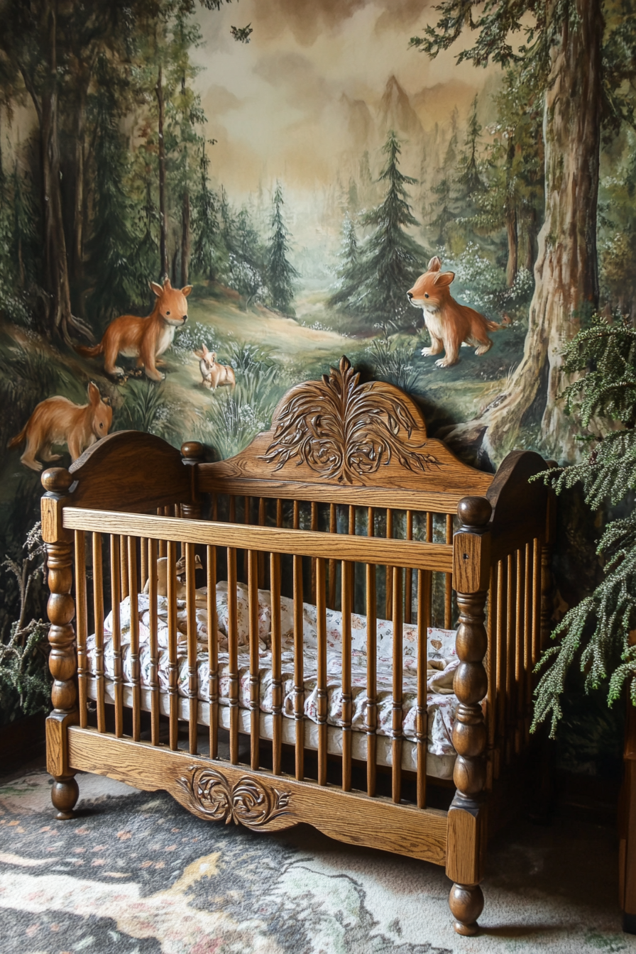 Woodland nursery. Oak crib with painted forest animals.