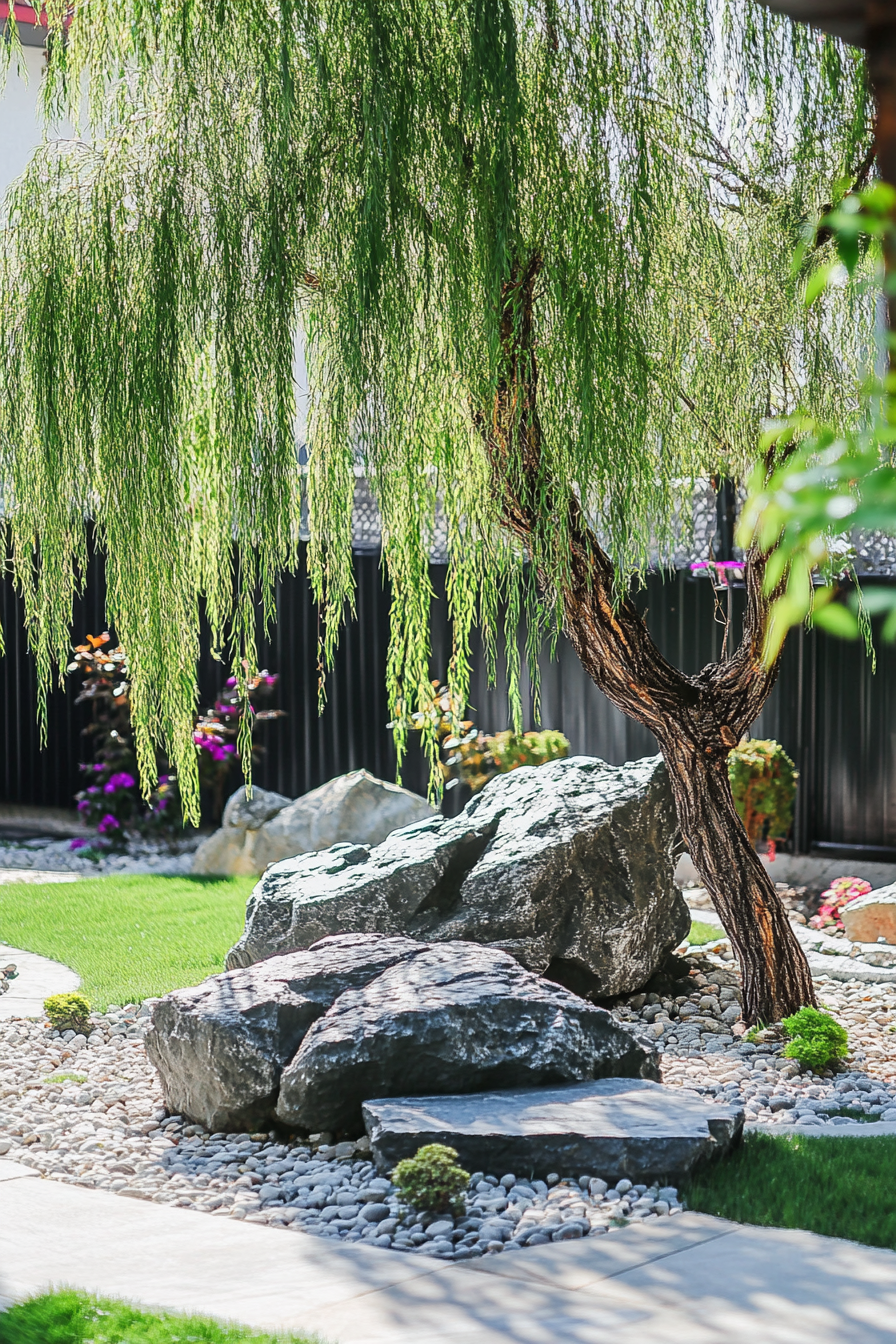 Backyard garden retreat. Zen-inspired rock formation with weeping willow tree.