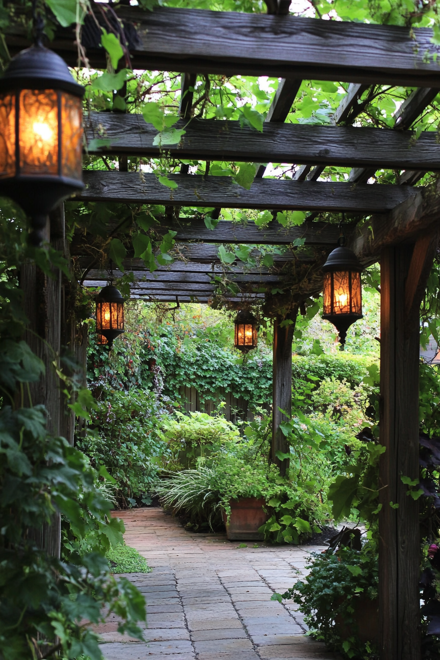 Backyard garden retreat. Wooden pergola draped with crawling ivy and hanging lanterns.