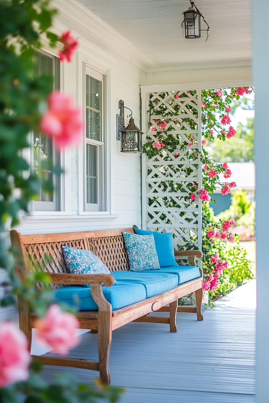 Front porch design. Wooden bench accented with bright blue cushions and climbing rose trellis.