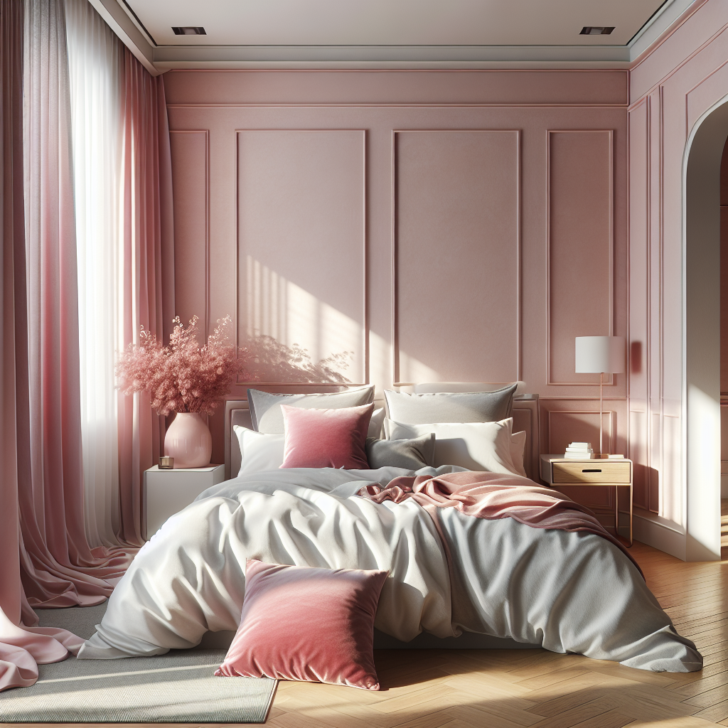 Bedroom with pink walls and light gray bedding in warm morning light.