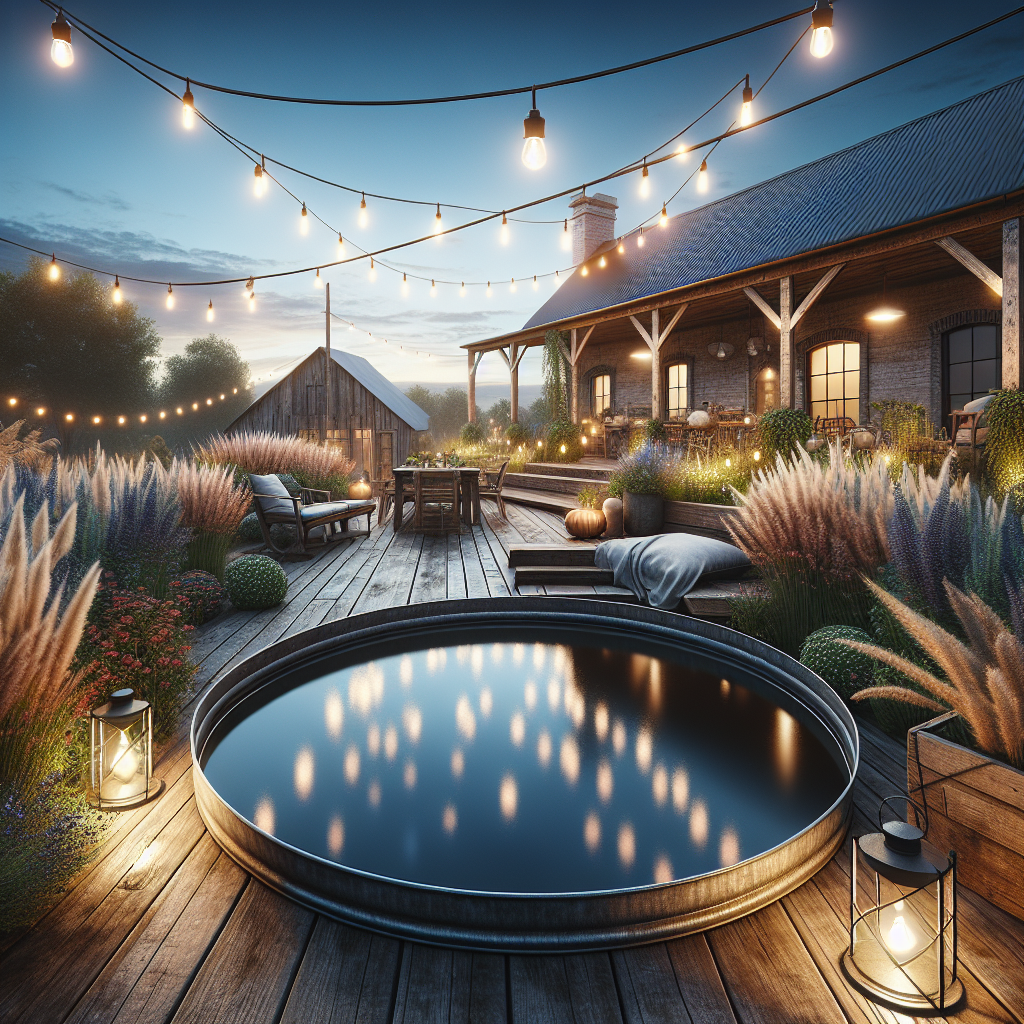 High-angle view of a rustic backyard with a stock tank pool.