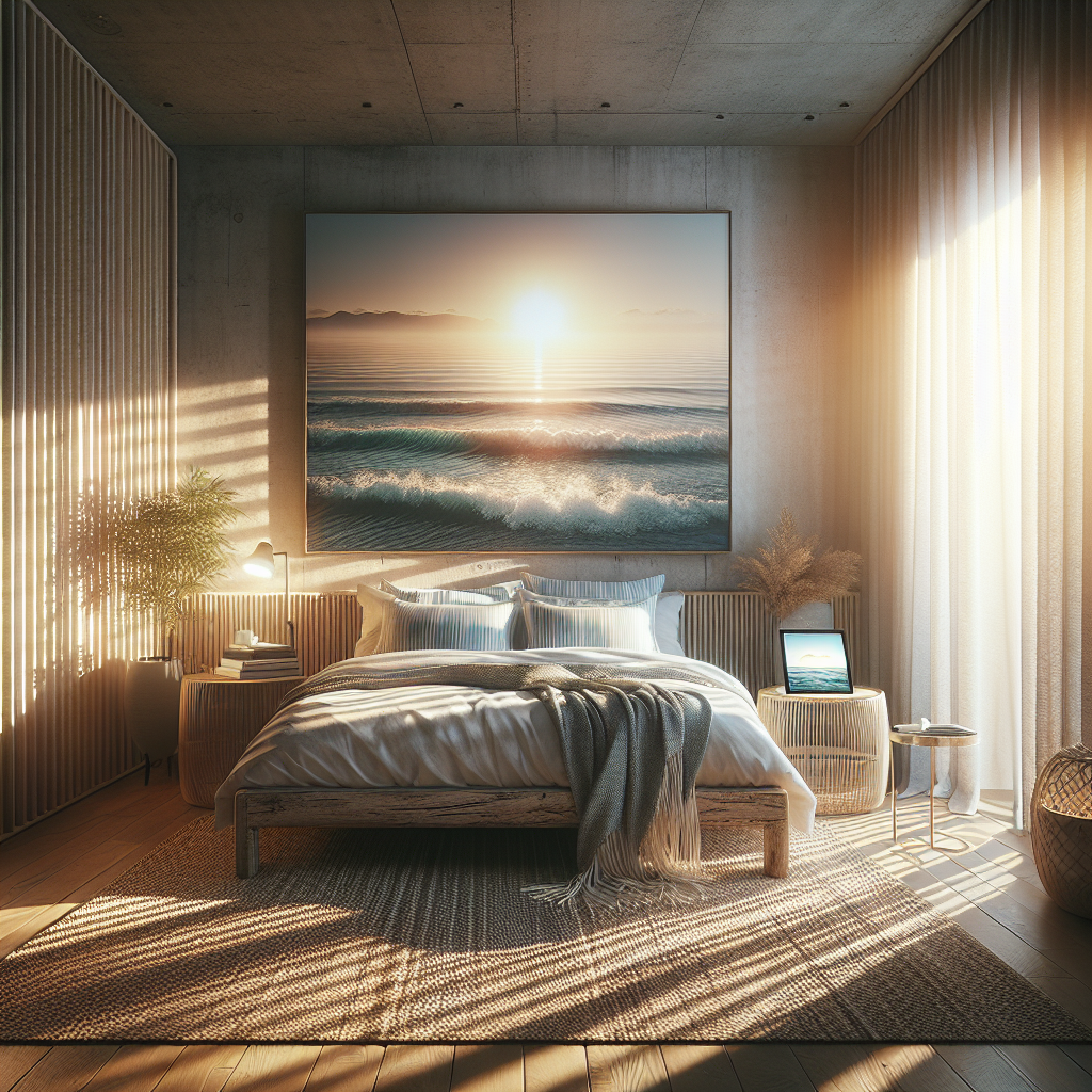 Bedroom with soft dawn light and wave-themed iPad wallpaper.