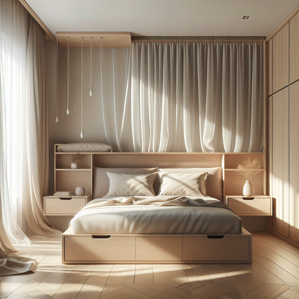 Minimalist small bedroom with natural lighting and light colors.
