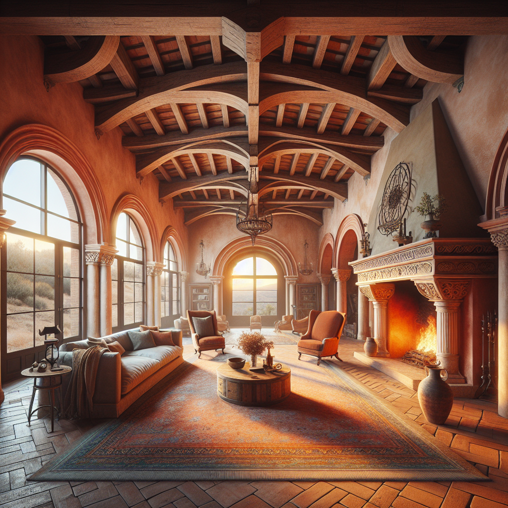Sunset-lit Tuscan living room with arched windows and rustic beams.