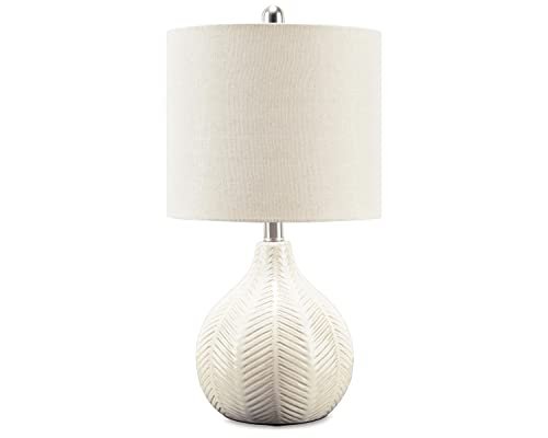 Signature Design by Ashley Rainermen Casual Ceramic Table Lamp, Transparent White Glaze Finish, Drum Hardback Fabric Shade, 11" W x 11" D x 21" H, Off White