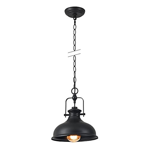 GZBtech Industrial Dome Pendant Light, Metal Chain Adjustable Farmhouse Hanging Light, 50.5 Inches Vintage Rustic Lighting Fixture with Polished Black Finish for Kitchen Dinning Room Barn, UL Listed