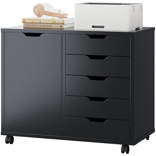 DUMOS 5 Drawer File Cabinet Office Drawers Organizer with Wheels Rolliing, Under Desk Cabinets with Shelves and Door Printer Stand with Wood Board Metal Frame for Home Office Storage Craft Room, Black