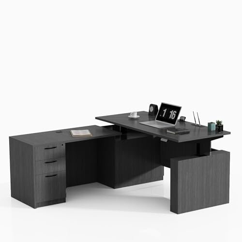 ALFA BUSINESS 66.93'' L Shaped Executive Standing Desk with Pre-Assembled Frame & Lockable Cabinets, Height Adjustable Desk Dual-Motor Sit-Stand Workstation for Corporate & Home Office (Grey)