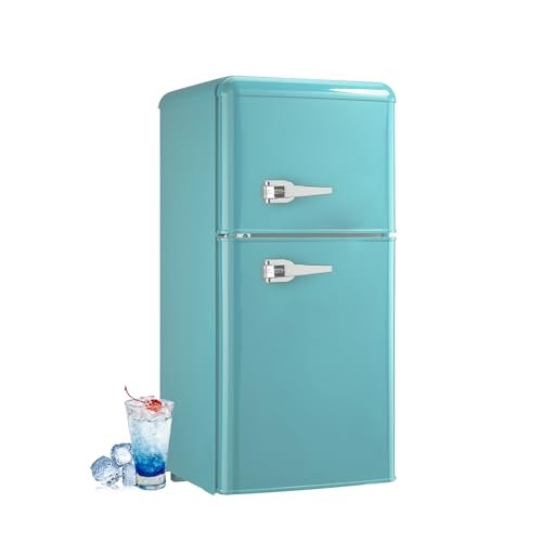 Retro Mini Fridge 3.2 Cu. Ft. Apartment Size Refrigerator with Freezer, 7-Level Adjustable Thermostat Small Retro Refrigerator with Freezer 2-Door Vintage Compact Fridge for Dorm Office RV, Mint Blue