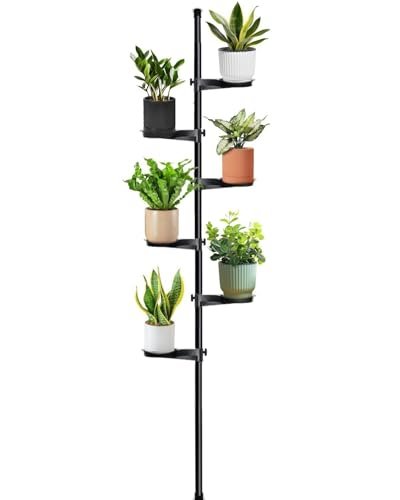 Zononoca Tension Rod Plant Stand, Plant Poles for Hanging Plants Indoor, 6 Tier Tension Pole Plant Hanger, Floor to Ceiling Plant Pole with 6 Trays Hanging Plant Stand (Fit 3.6-10ft Ceiling)