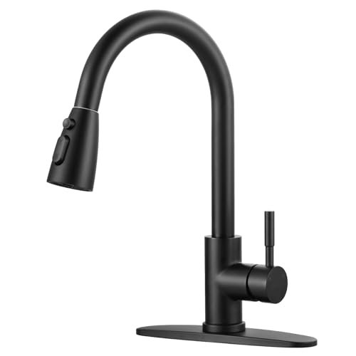 WOWOW Black Kitchen Faucet with Sprayer, Pull Down Kitchen Sink Faucet Lead-Free, Stainless Steel Single Handle Kitchen Faucets with Deck Plate, 360 Swivel High Arc Single Hole RV Kitchen Faucet