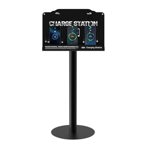 Floor Standing Cell Phone Charging Station with Fast Charigng Cables – 8 Device Charging Dock for Office, Hotel & Public Spaces | Compatible with iPhone ipad Smartphone Tablets Android Port (Black)