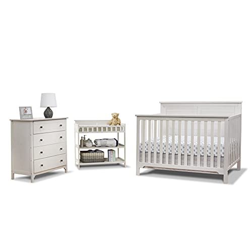 Sorelle Furniture Farmhouse 3-Piece Nursery Set with 4-in-1 Convertible Crib, 4-Drawer Dresser, and Changing Table with Shelves, Baby Furniture Made of Wood, Non-Toxic Finish-Weathered White