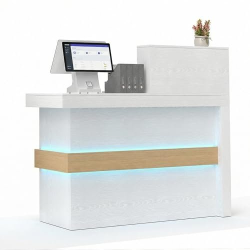 TUSY 42.2" H Modern Reception Desk with Drawer - Small Front Desk with Adjustable LED Light, Reception Room Table with Built-in USB Outlet for Office, Salon, Lobby (47.2" W x 19.69" D x 42.2" H)