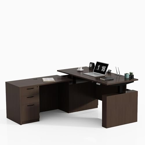 ALFA BUSINESS 66.93'' L Shaped Executive Standing Desk with Pre-Assembled Frame & Lockable Cabinets, Height Adjustable Desk Dual-Motor Sit-Stand Workstation for Corporate & Home Office (Espresso)