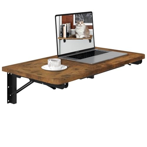 TEAMIX Wall Mounted Folding Table, Rustic Brown Floating Wall Desk for Small Spaces, Drop Leaf Dining Table for Kitchen Fold Down Laundry Shelf with Heavy-Duty Brackets
