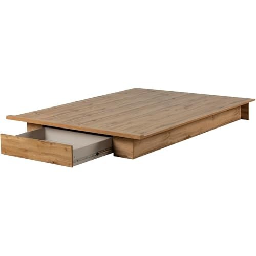 HomeStock Beachy Beauty Full/Queen Platform Bed with Storage Drawer Nordik Oak - Sturdy Modern Frame, No Box Spring Required, Minimalist Scandinavian Style, 80" x 80" x 9"