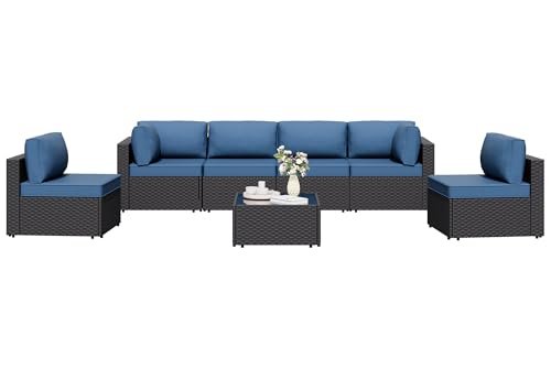 7 Pieces Outdoor Patio Sectional Sofa Couch, Wicker Furniture Patio Conversation Sets with Washable Cushions & Coffee Table for Garden, Poolside, Backyard