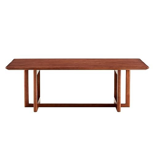 Modern Asian Log-Style Imitation Rattan Weave Rectangular Solid Wood Low Table for Living Room, Tea Service, Lounge, Apartment, Office; Wide Smooth Desktop, Rounded Edges (Walnut)