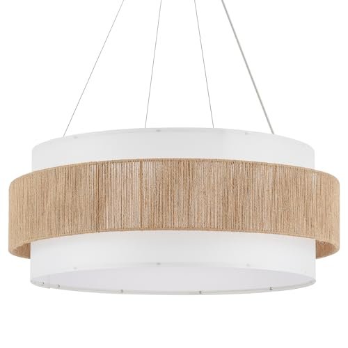 ELYCCUPA 30” Fabric Rattan Chandelier Boho Hand Woven Coastal Pendant Light Adjustable Drum Large Pendant Lighting Fixtures for Dining Room Living Room Kitchen Hallway, Off-White, UL Listed