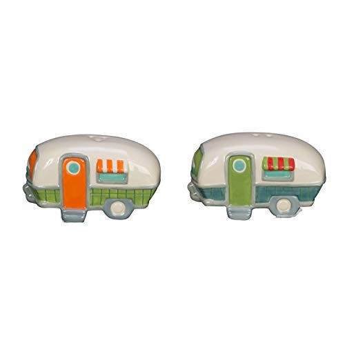 Beachcombers Ceramic Salt and Pepper Camper Design Shaker Matching Set 2" x 6.25" Coastal Beach Mountain Summer House Camping RV Kitchen Decor Decoration Cream