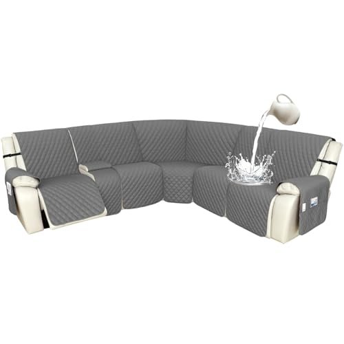 Arfntevss Recliner Sectional Couch Covers 1OO% Waterproof L Shape Sofa Cover for Reclining L Shaped Sectional Slipcover Dog Washable Corner Non Slip Protector (5 Seater with 1 Console, Dark Gray)