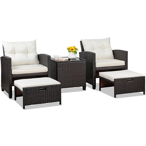 Shintenchi 5 Pieces Patio Furniture Set, Outdoor Wicker Patio Conversation Set with Ottoman, All Weather Rattan Outside Chairs with Coffee Table & Cushion for Porch, Garden, Backyard, Beige