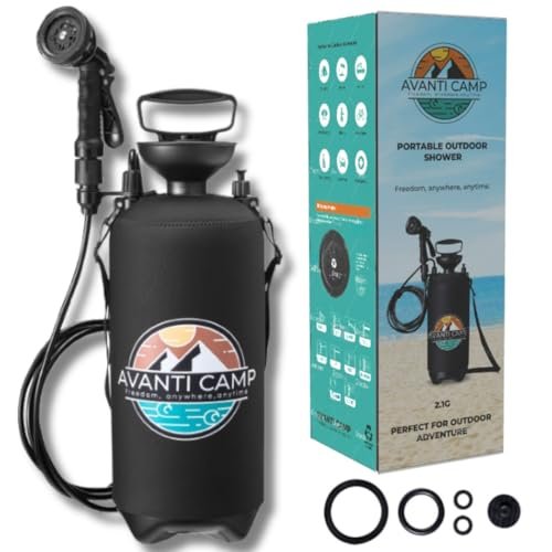 Pressurized Camping Shower (8L/2.1 Gal) – Portable Beach Shower for Surfing, Camping & Van Life – Outdoor Rinse Kit with Hand Pump & 10 Spray Modes – Portable Water Sprayer Pets & Gear | AVANTI CAMP