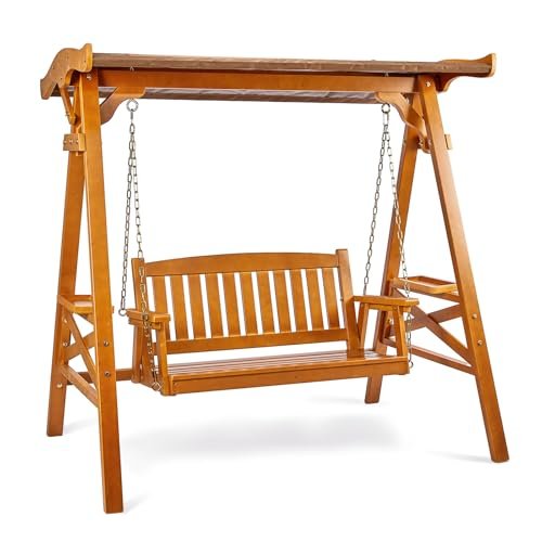VINGLI Porch Swing with Stand, Porch Swing with Canopy, Waterproof Patio Swing with Cup Holder, Outdoor Swing Set for Garden, Yard, Patio, Teak