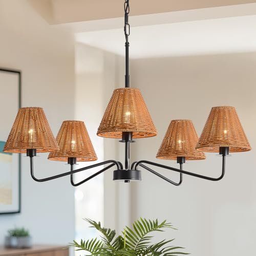 InterMaka 5-Light Rattan Chandelier 29" Modern Farmhouse Chandelier for Dining Room, Rustic Chandelier with Hand-Woven Wicker Fabric Shades, Boho Pendant Lighting for Living Room, Bedroom，Hallway