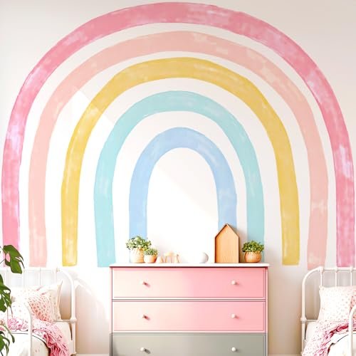 Kingarch Large Watercolor Rainbow Wall Decals, Colorful Peel and Stick Fabric Nursery Wall Decor, Removable Home Room Wall Decor Murals Stickers for Kids Girls Toddler Bedroom Living Room Playroom