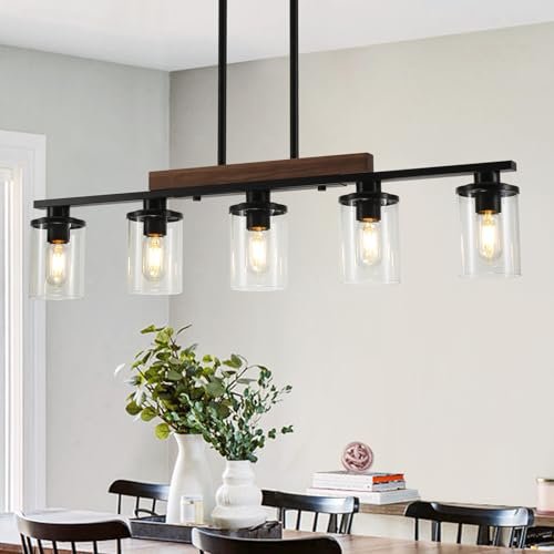 36.2‘’ Kitchen Lighting, 5-Light Dining Room Light Fixture Chandelier Over Table, Black Modern Rustic Wood Ceiling Pendant Light Fixtures, with Clear Glass Shade, Farmhouse Chandelier