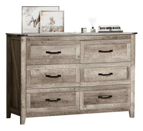 NEDYO Farmhouse 6 Drawer Dresser, Rustic Chest of Drawers, Wood TV Stand with Drawers, Wooden Dresser, Wide Storage Organizer Cabinet for Bedroom Living Room. Rustic Oak