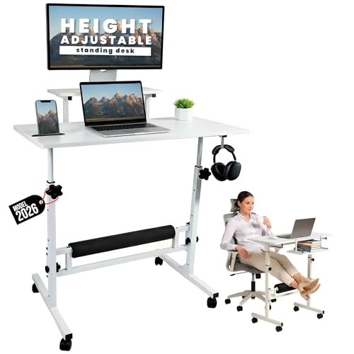 Model 2026 Adjustable Height Rolling Desk With Wheels Portable Compact Laptop Table Mobile Workstation For Study Office Small Space Standing Desk Ergonomic Writing Surface Modern Home Furniture White