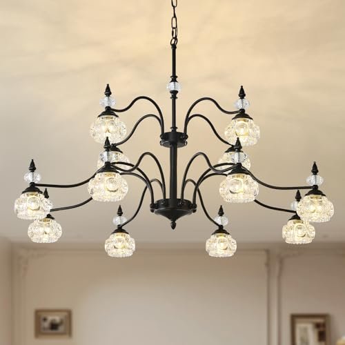 TESTOYS 2 Tier Vintage Crystal Chandelier, 41-inch Black Victorian Chandelier 12-Light, Antique Pendant Light for Living Room, Bedroom, Dining Room, High Ceiling, G9