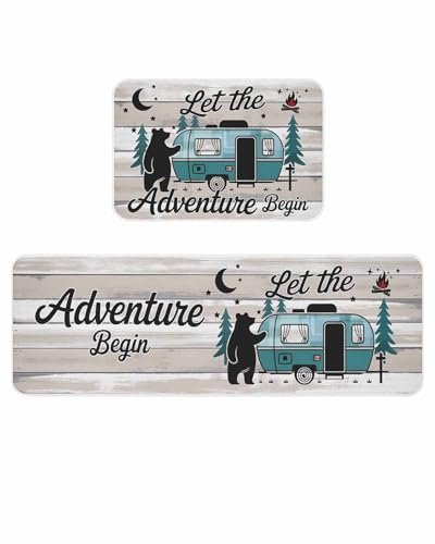 Xibuciein Camper Van Bear Kitchen Rugs Set of 2 Let The Adventur Vintage Wood Grain Comfort Standing Mats Washable Cushioned Non Slip Kitchen Runner Rugs Set for Home Floor Sink Laundry Office