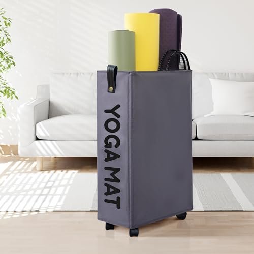 Caroeas 22 inches Yoga Mat Storage Basket, Large Yoga Mat Holder Accessories, Home Gym Equipment Storage Yoga Mats, Women Men Workout Equipment Organization with 4 Wheels, Dark Gray