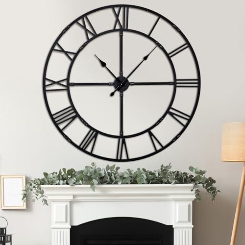 Ohweog Oversized 48 inch Knocked-Down (KD) Wall Clock for Living Room Decor – Extra Large Silent Non-Ticking Modern Farmhouse Wall Clock, Decorative Metal Roman Numeral Clock, Black