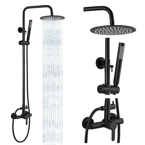 gotonovo Outdoor Shower Fixtures SUS304 Stainless Steel Rain Shower Kit Faucet High Pressure Wall Mount 2 Dual Function 8 Inch Showerhead and Handheld Spray Combo, Single Handle, Matte Black